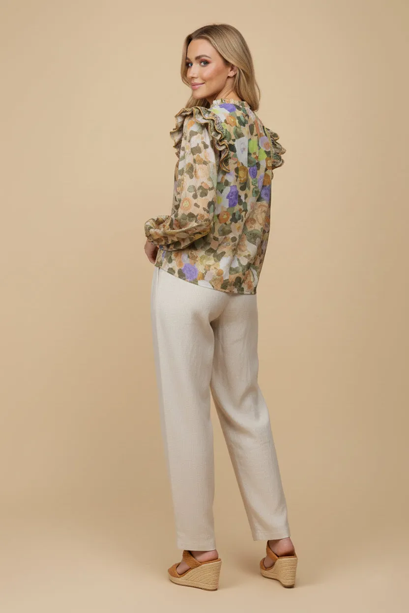 Womens Contrast Piping Ruffled Tie Neck Floral Print Top sold by Hayden product image thumbnail 3