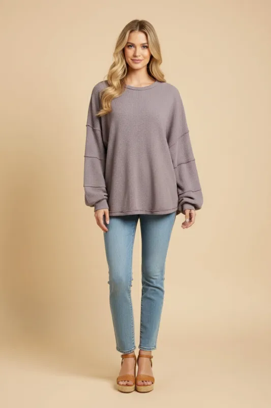 Womens Washed Waffle Knit Stitch Detail Drop Shoulder Top sold by Hayden