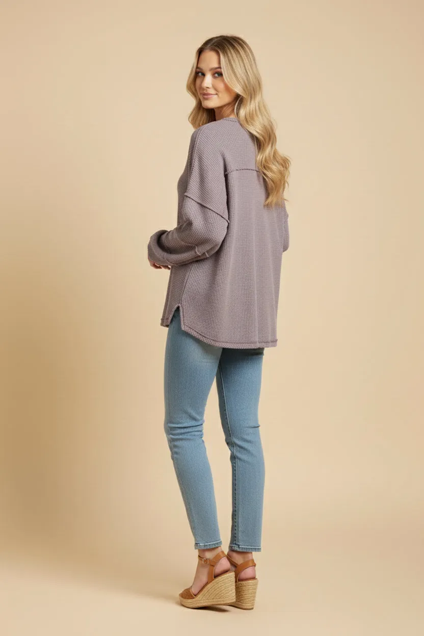 Womens Washed Waffle Knit Stitch Detail Drop Shoulder Top sold by Hayden product image thumbnail 3