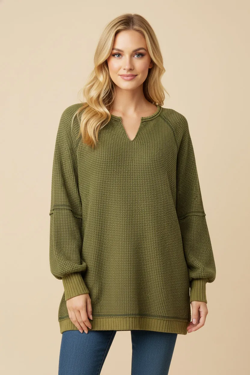 Womens Washed Waffle Knit Stitch Detail Notched Top sold by Hayden product image thumbnail 4