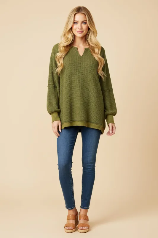 Womens Washed Waffle Knit Stitch Detail Notched Top sold by Hayden