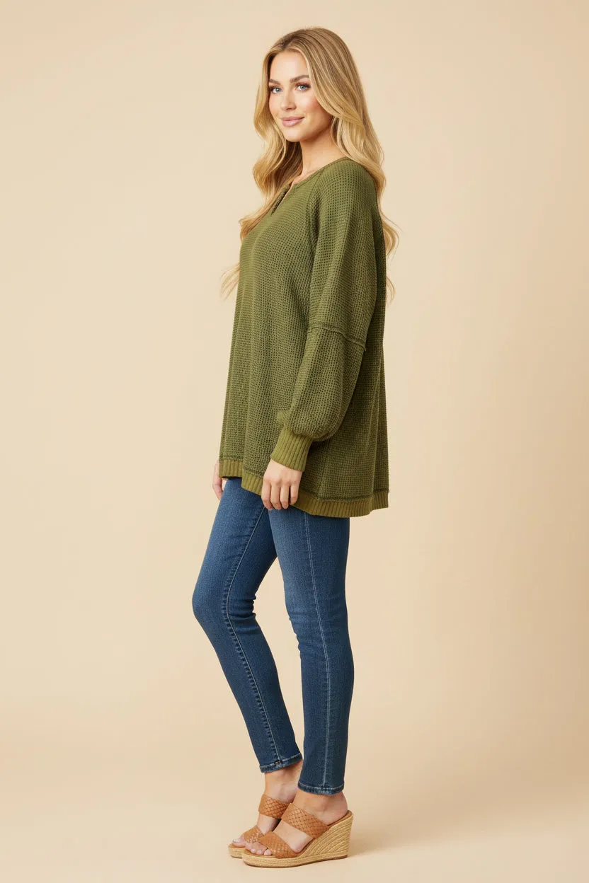 Womens Washed Waffle Knit Stitch Detail Notched Top sold by Hayden product image thumbnail 2