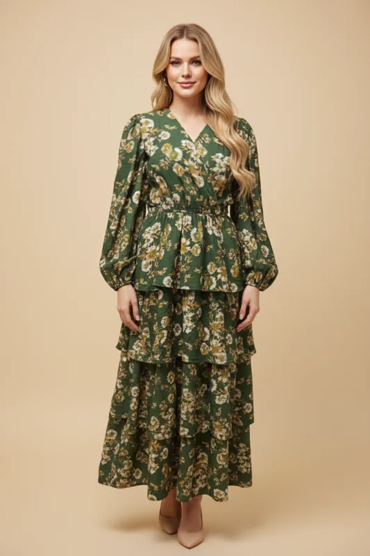 Womens Floral Print Tiered Skirt Surplice Dress sold by Hayden