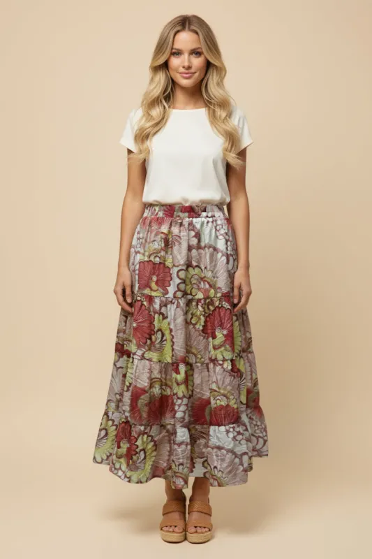 Womens Peacock Print Tiered Skirt sold by Hayden