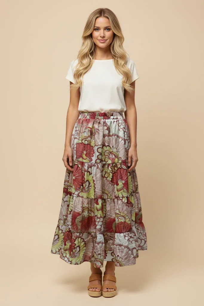 Womens Peacock Print Tiered Skirt sold by Hayden