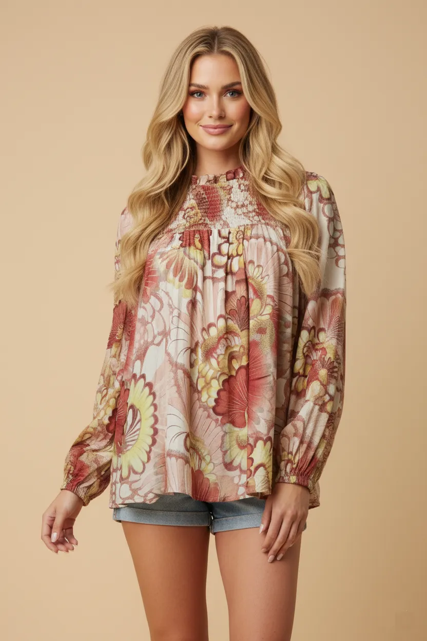 Womens Peacock Print Smocked Ruffle Neck Top sold by Hayden product image thumbnail 4