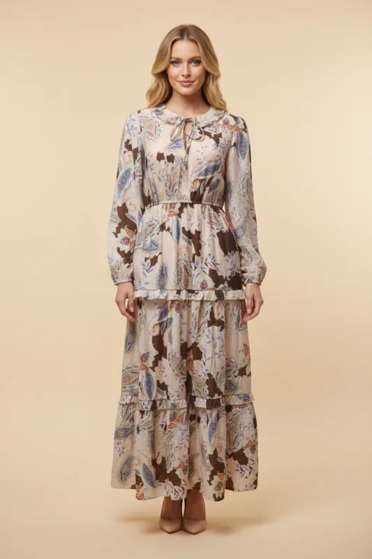 Womens Textured Paisley Print Tie Neck Ruffled Dress sold by Hayden