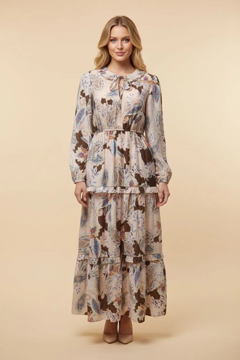 Womens Textured Paisley Print Tie Neck Ruffled Dress sold by Hayden