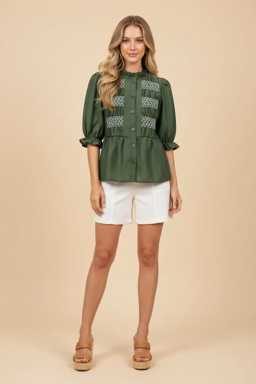 Womens Contrast Smock Detail Ruffled Neck Button Up Top sold by Hayden