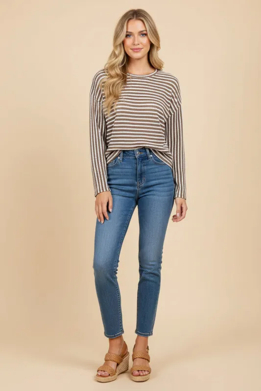 Womens Textured Striped Knit Long Sleeve Top made by Hayden