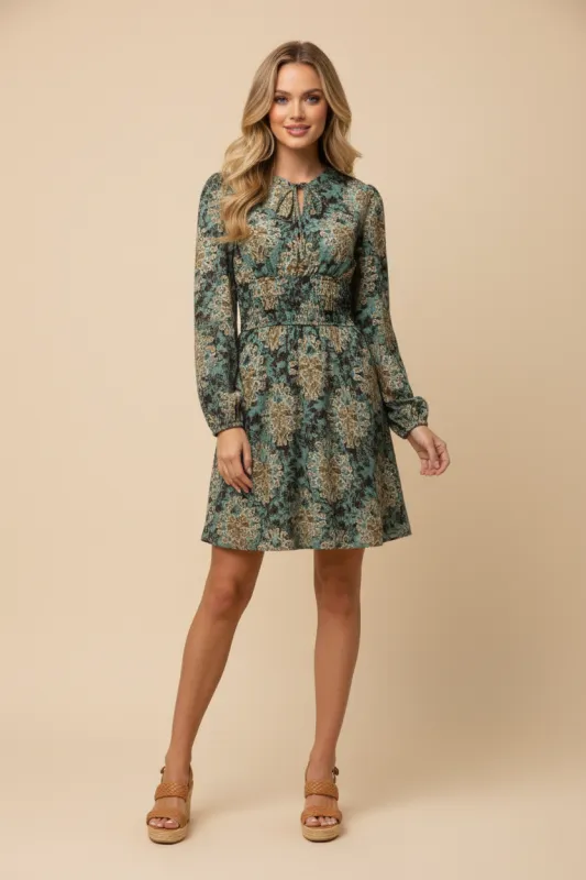 Womens Abstract Print Smocked Waist Tie Detail Dress sold by Hayden