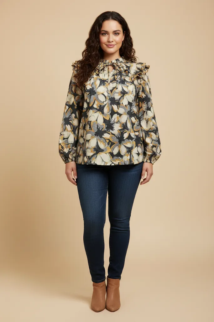 Womens Contrast Piped Ruffled Floral Top sold by Hayden product image thumbnail 2
