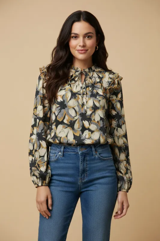 Womens Contrast Piped Ruffled Floral Top sold by Hayden