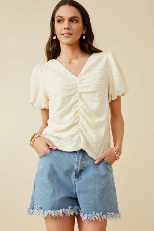 Womens Puff Sleeve V Neck Gathered Front Top sold by Hayden