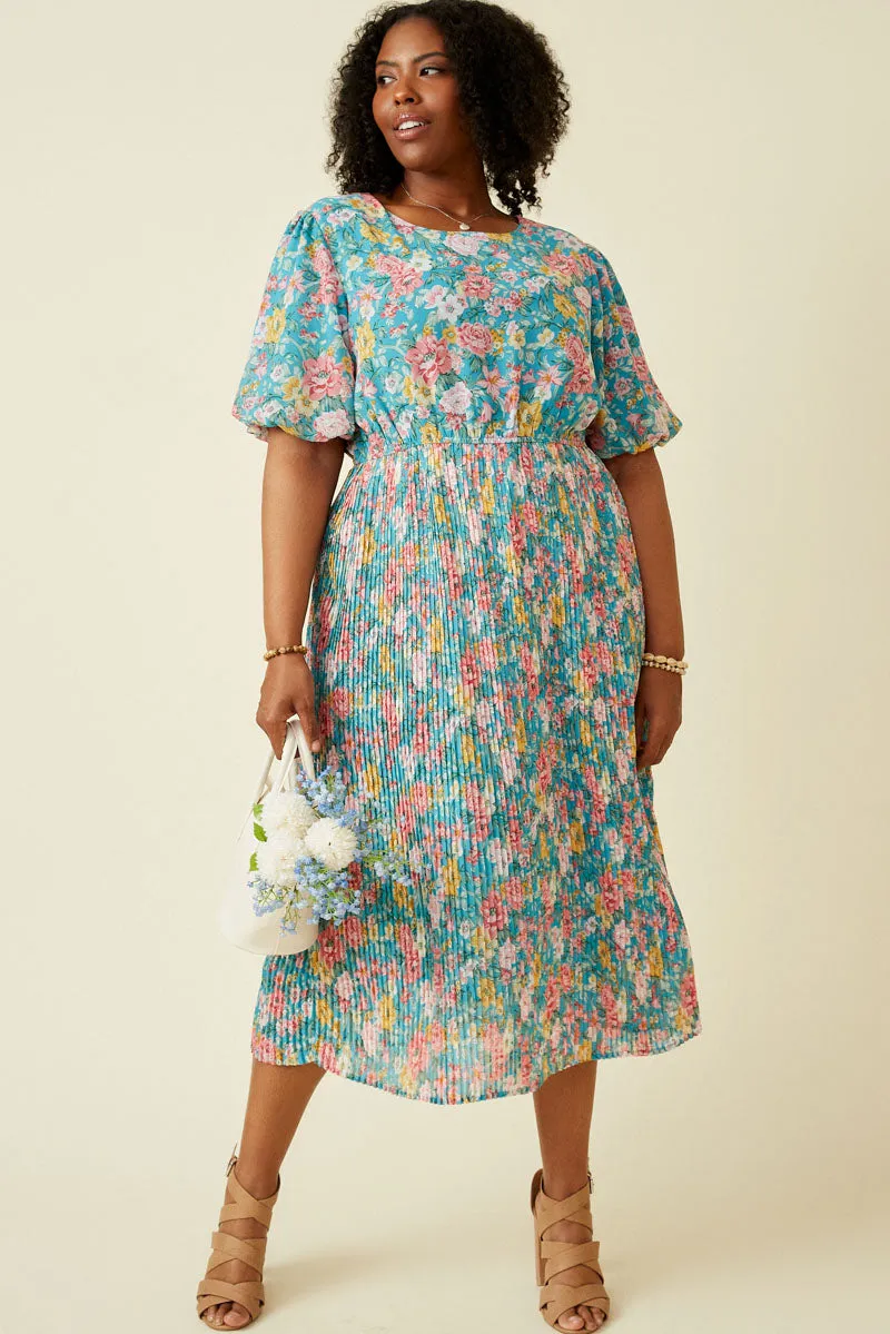 Womens Romantic Floral Puff Sleeve Pleated Skirt Dress sold by Hayden