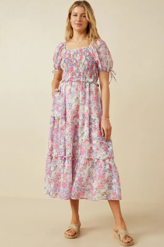 Womens Floral Smocked Bodice Tie Sleeve Dress sold by Hayden