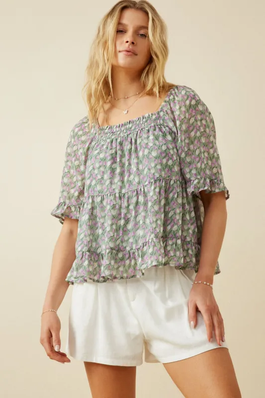 Womens Smock Detail Floral Tiered Top sold by Hayden