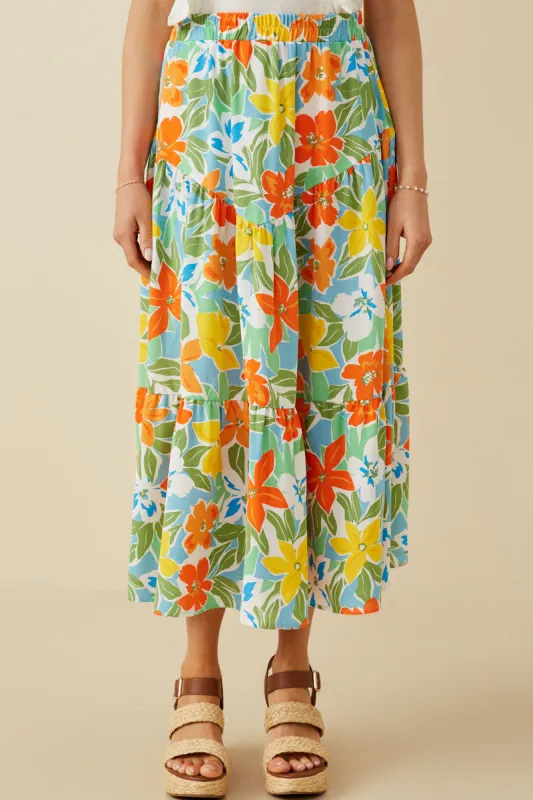 Womens Vivid Floral Elastic Waist Tiered Skirt sold by Hayden