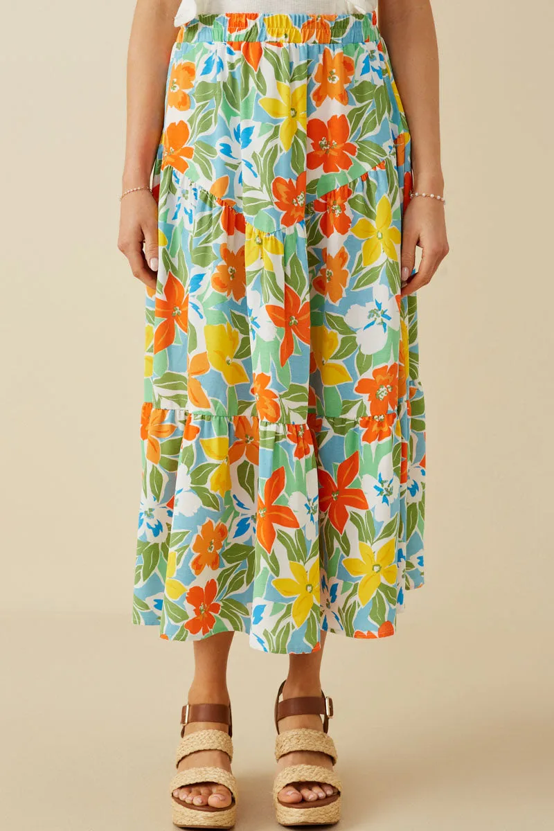 Womens Vivid Floral Elastic Waist Tiered Skirt sold by Hayden