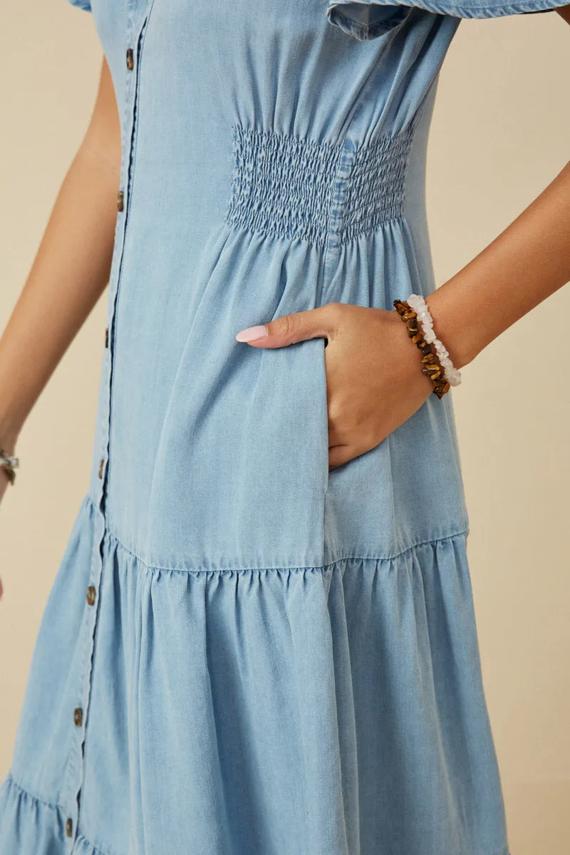 Womens Button Front Side Smocked Denim Tencel Dress sold by Hayden product image thumbnail 3