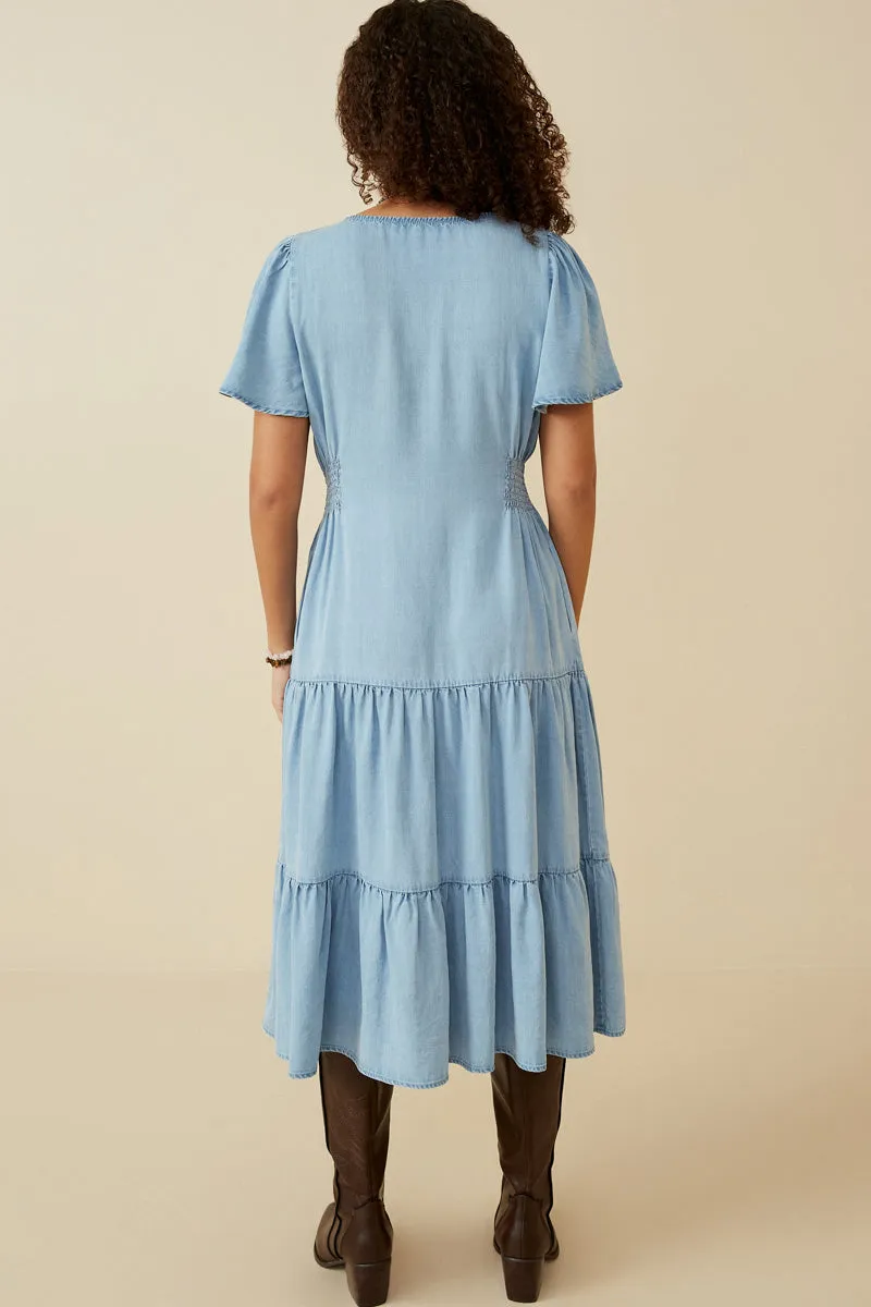 Womens Button Front Side Smocked Denim Tencel Dress sold by Hayden product image thumbnail 4