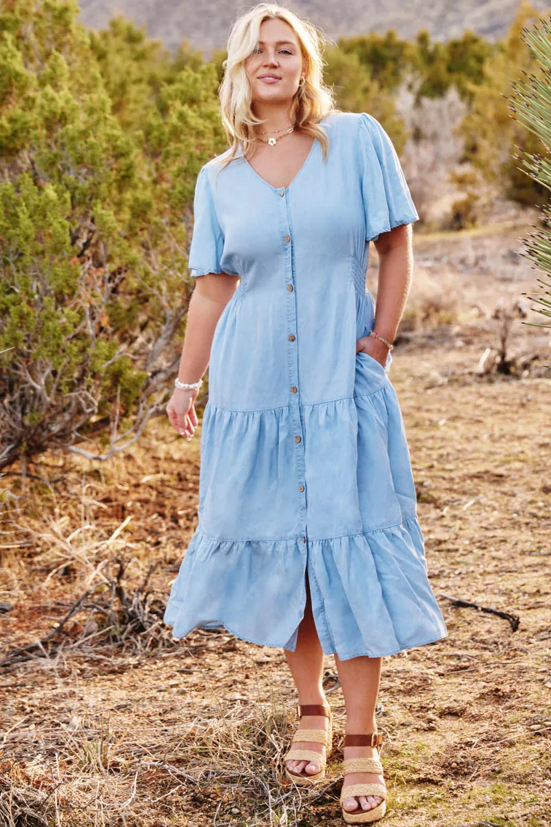 Womens Button Front Side Smocked Denim Tencel Dress sold by Hayden product image thumbnail 5