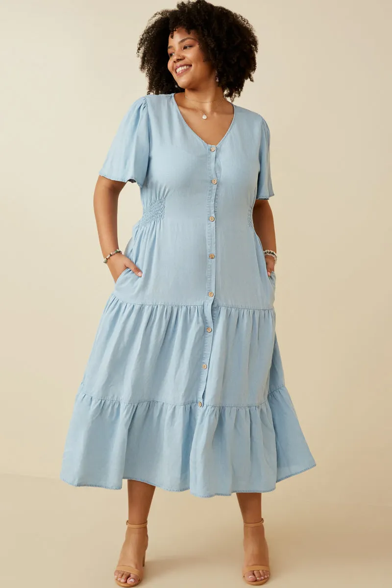 Womens Button Front Side Smocked Denim Tencel Dress sold by Hayden product image thumbnail 2