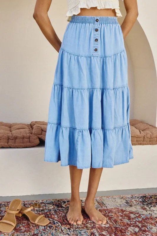 Womens Tiered Button Front Tencel Skirt sold by Hayden