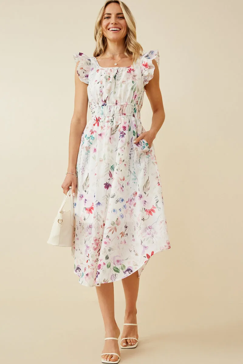 Womens Faint Floral Ruffled Shoulder Midi Dress sold by Hayden