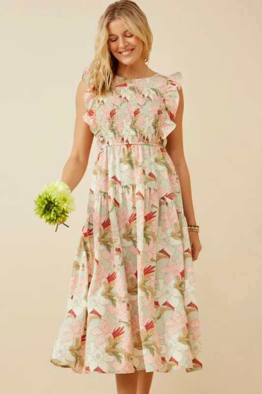 Women Floral Smocked Panel Ruffle Detail Dress sold by Hayden
