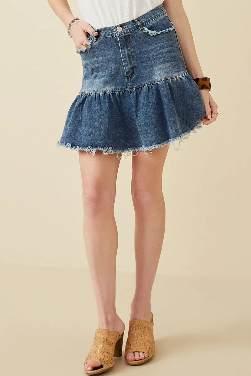 Womens Distressed High Waist Drop Hem Denim Skirt sold by Hayden