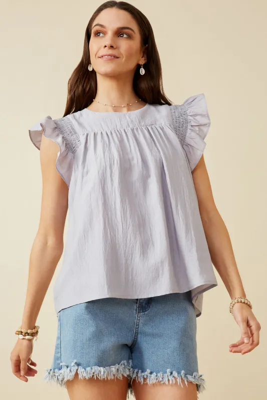 Womens Smocked Detail Ruffle Shoulder Top sold by Hayden