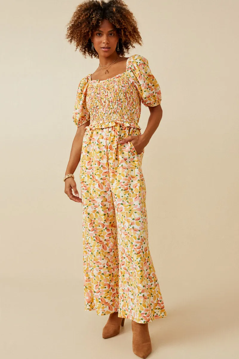 Womens Floral Smocked Square Neck Puff Sleeve Jumpsuit sold by Hayden