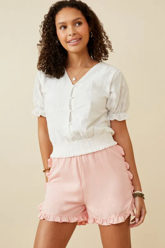 Womens Smocked Hem Button Detail Eyelet Top made by Hayden