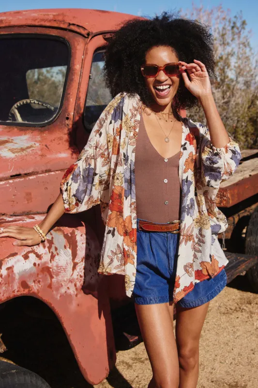 Womens Textured Floral 3/4 Sleeve Open Kimono sold by Hayden