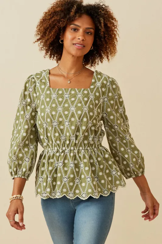 Womens Eyelet And Crochet Patterned Scallop Peplum Top sold by Hayden