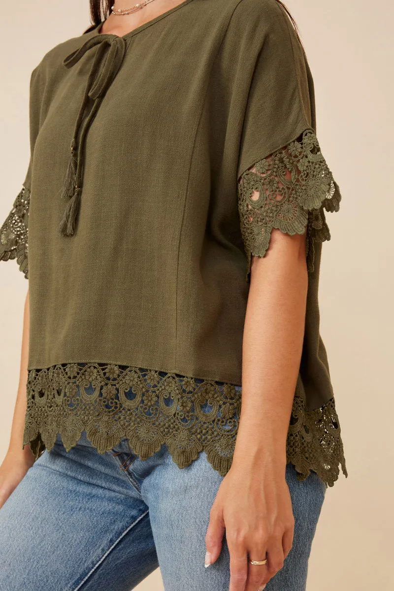 Womens Crochet Trimmed Tassel Neck Dolman Top sold by Hayden product image thumbnail 3