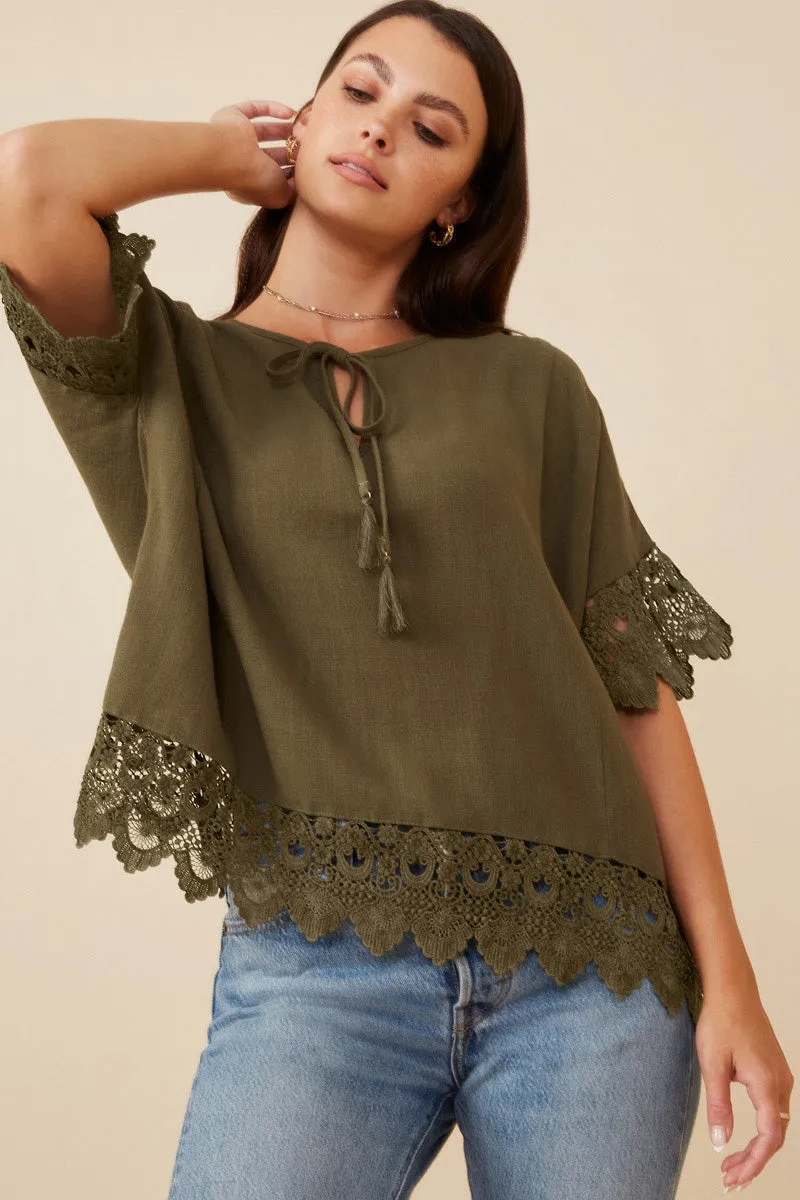 Womens Crochet Trimmed Tassel Neck Dolman Top sold by Hayden