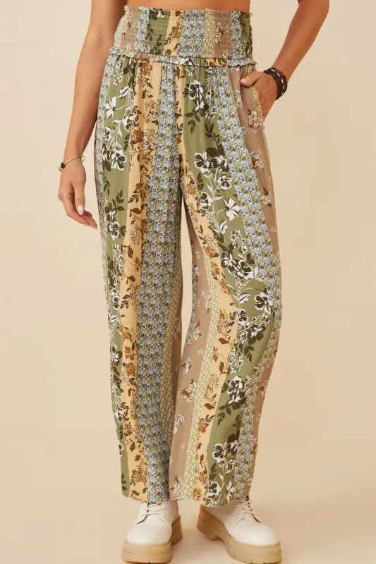 Womens Mixed Print Block Smocked Waist Wide Leg Pants made by Hayden