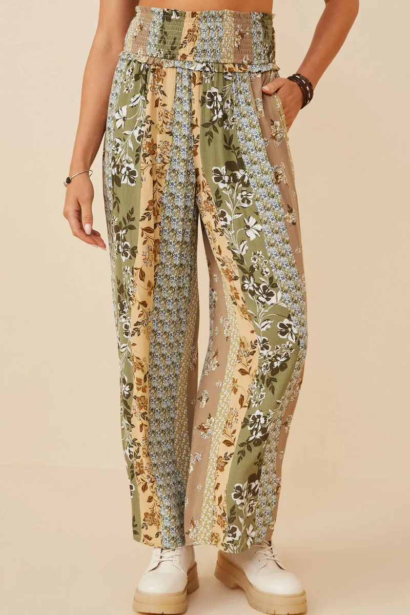 Womens Mixed Print Block Smocked Waist Wide Leg Pants sold by Hayden