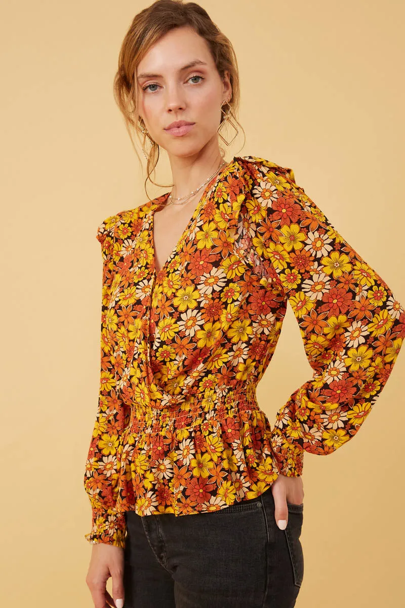 Womens Floral Smocked Peplum Surplice Long Sleeve Top sold by Hayden product image thumbnail 4