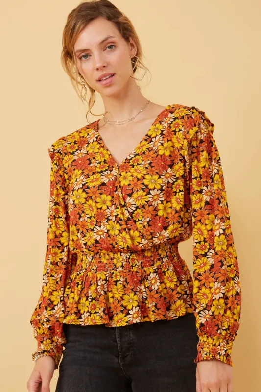 Womens Floral Smocked Peplum Surplice Long Sleeve Top made by Hayden