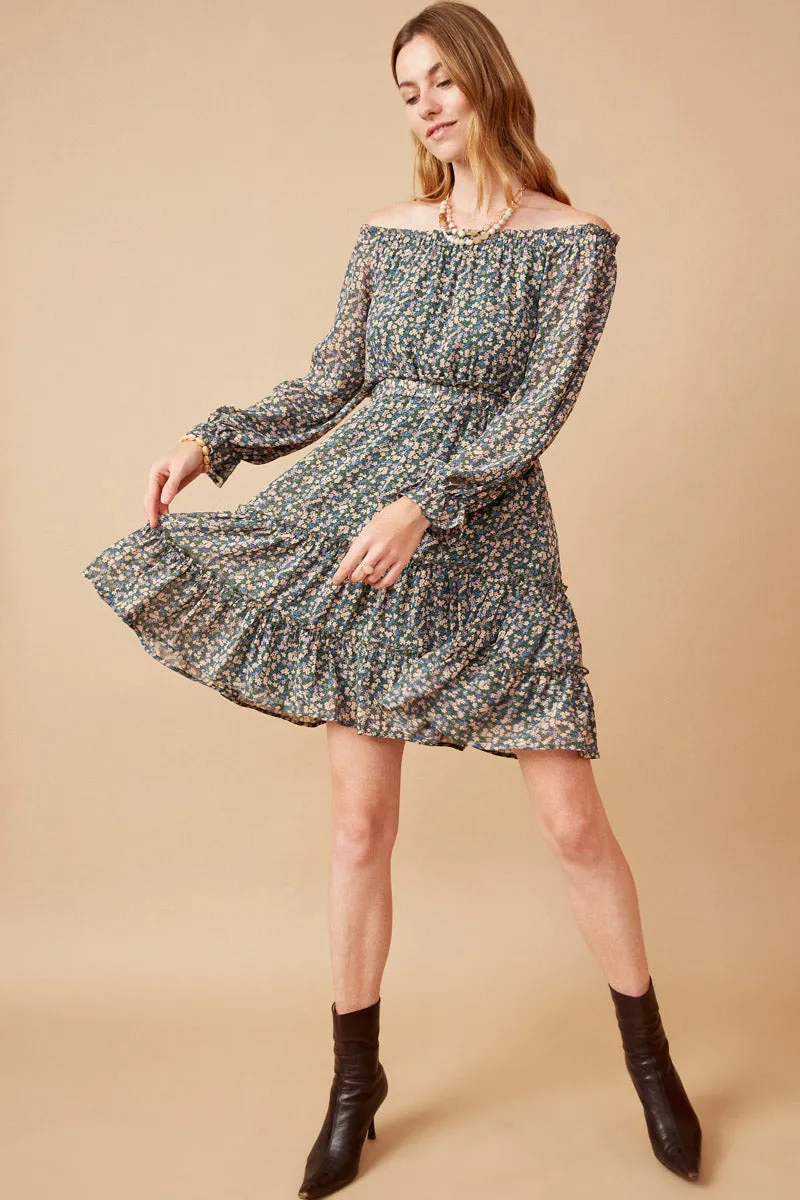 Womens Ditsy Floral Long Sleeve Off Shoulder Dress sold by Hayden product image thumbnail 3