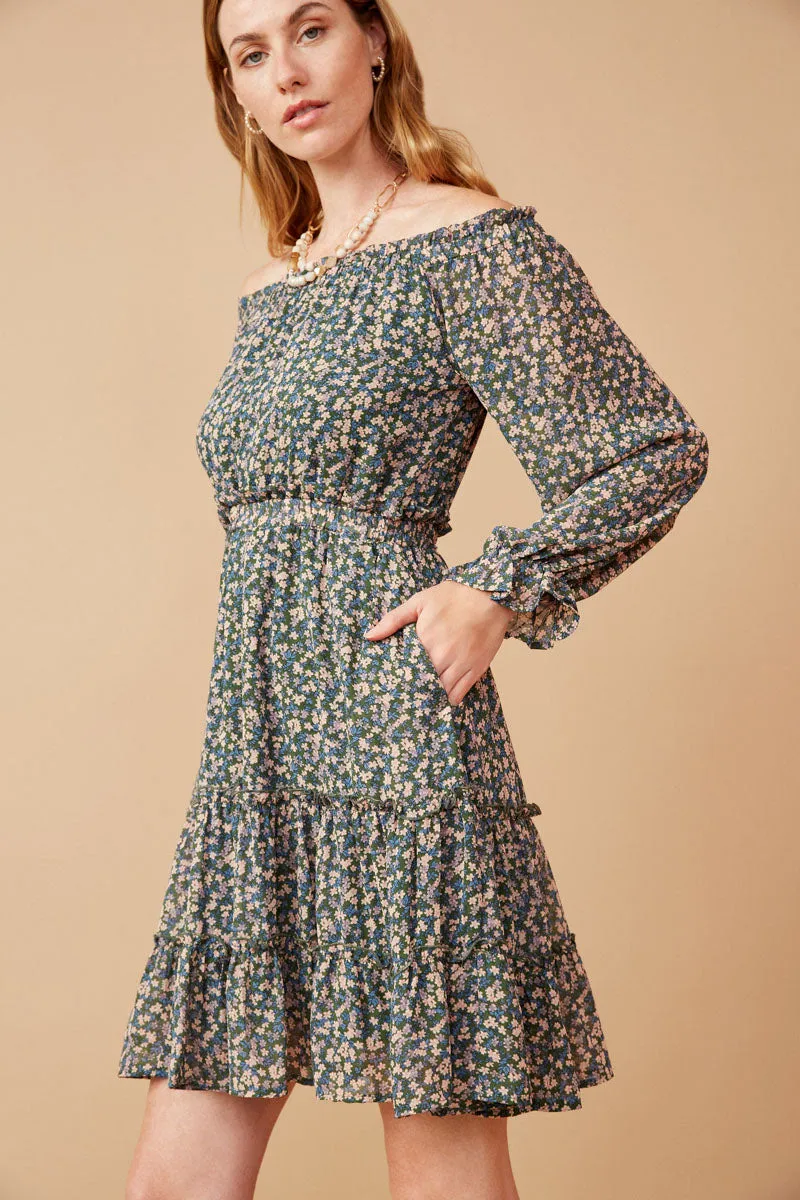 Womens Ditsy Floral Long Sleeve Off Shoulder Dress sold by Hayden product image thumbnail 4