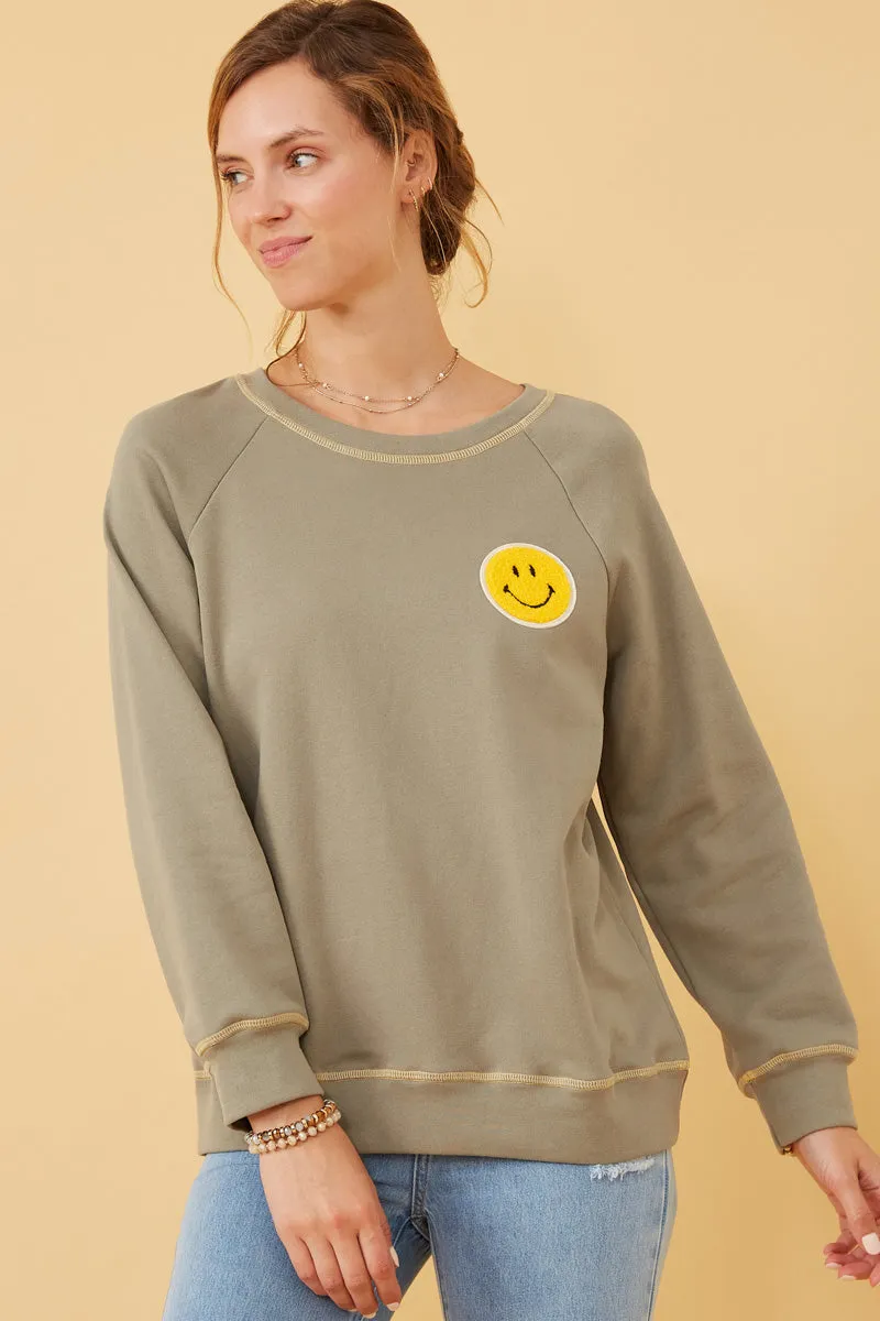 Womens Contrast Stitch Smiley Patch French Terry Sweatshirt sold by Hayden
