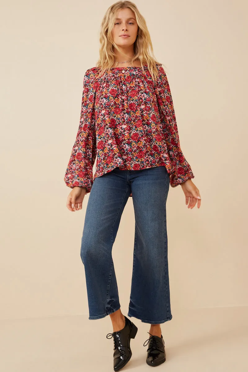 Womens Floral Print Ruffle Shoulder Long Sleeve Textured Top sold by Hayden product image thumbnail 4