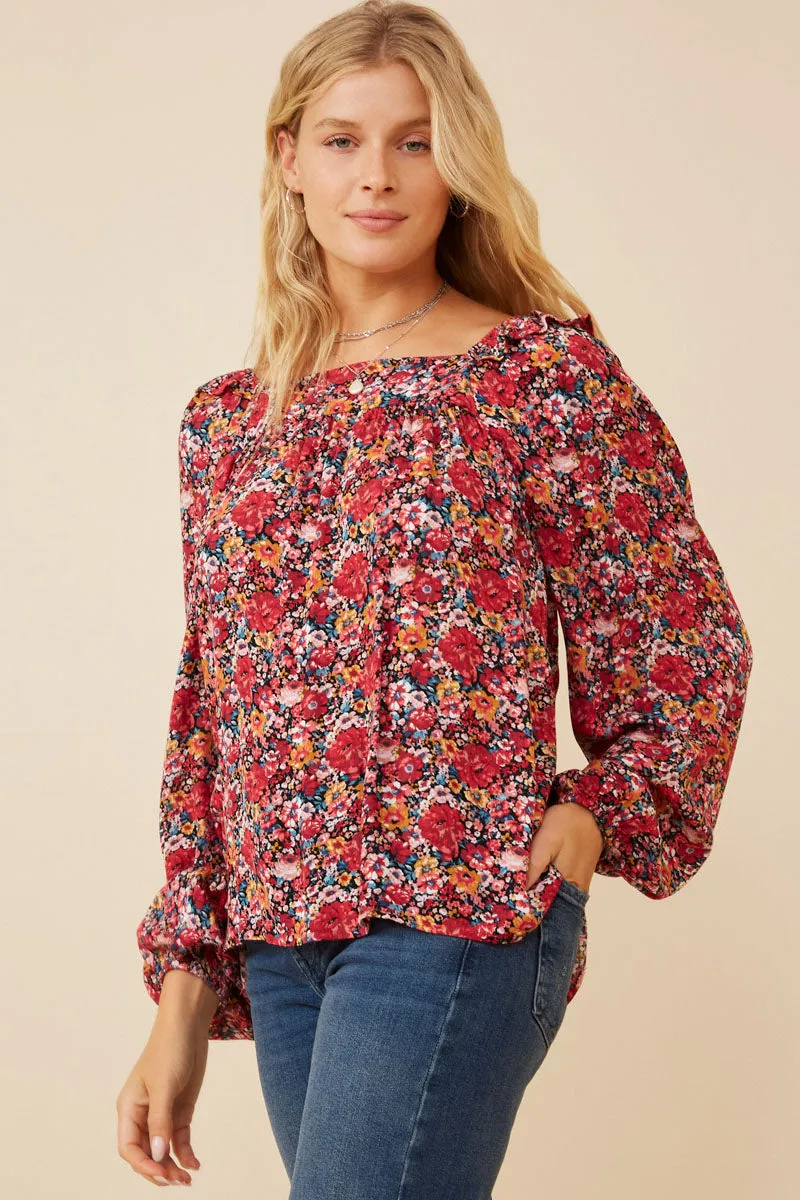 Womens Floral Print Ruffle Shoulder Long Sleeve Textured Top sold by Hayden