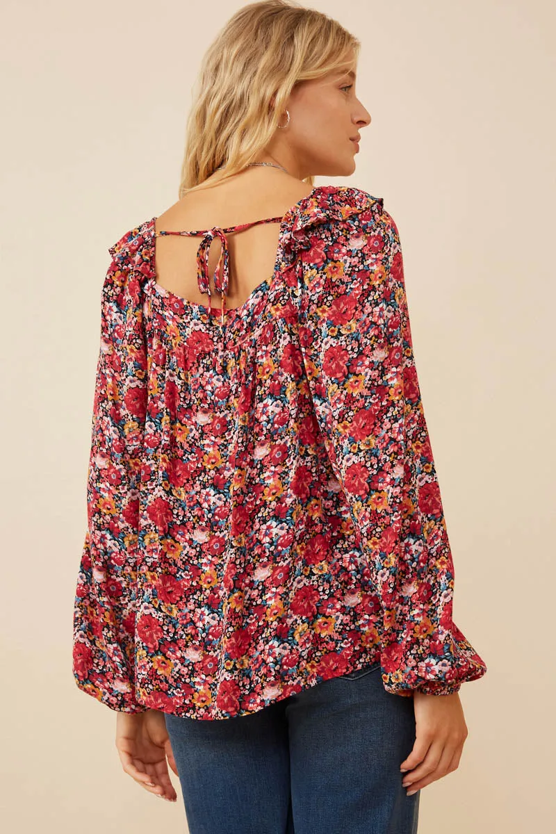 Womens Floral Print Ruffle Shoulder Long Sleeve Textured Top sold by Hayden product image thumbnail 5