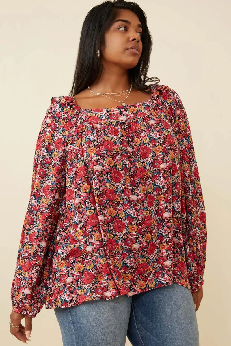 Womens Floral Print Ruffle Shoulder Long Sleeve Textured Top sold by Hayden product image thumbnail 2