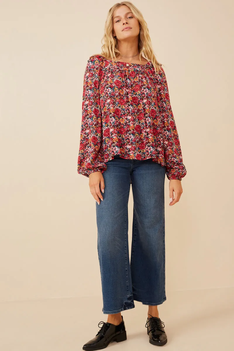 Womens Floral Print Ruffle Shoulder Long Sleeve Textured Top sold by Hayden product image thumbnail 3